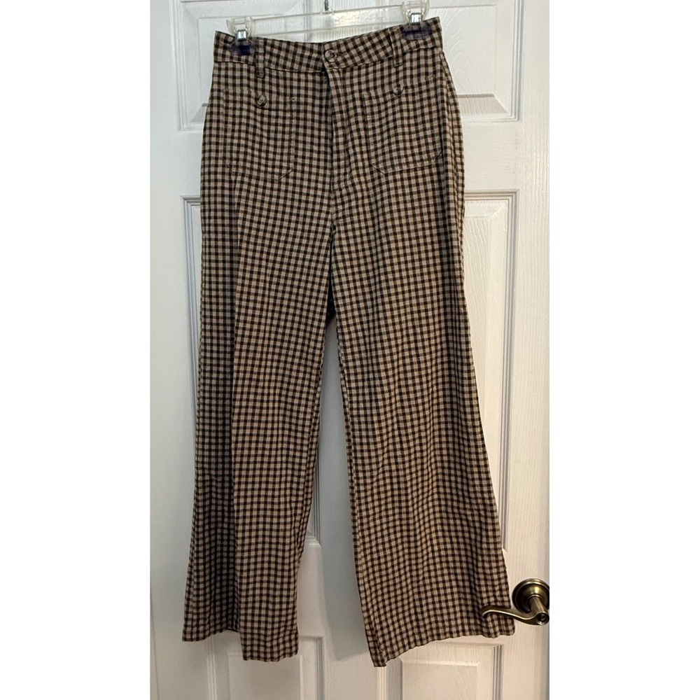 Rolla's Gingham Wide Leg Trousers Women 8/S Brown Check High Rise Cotton Pants